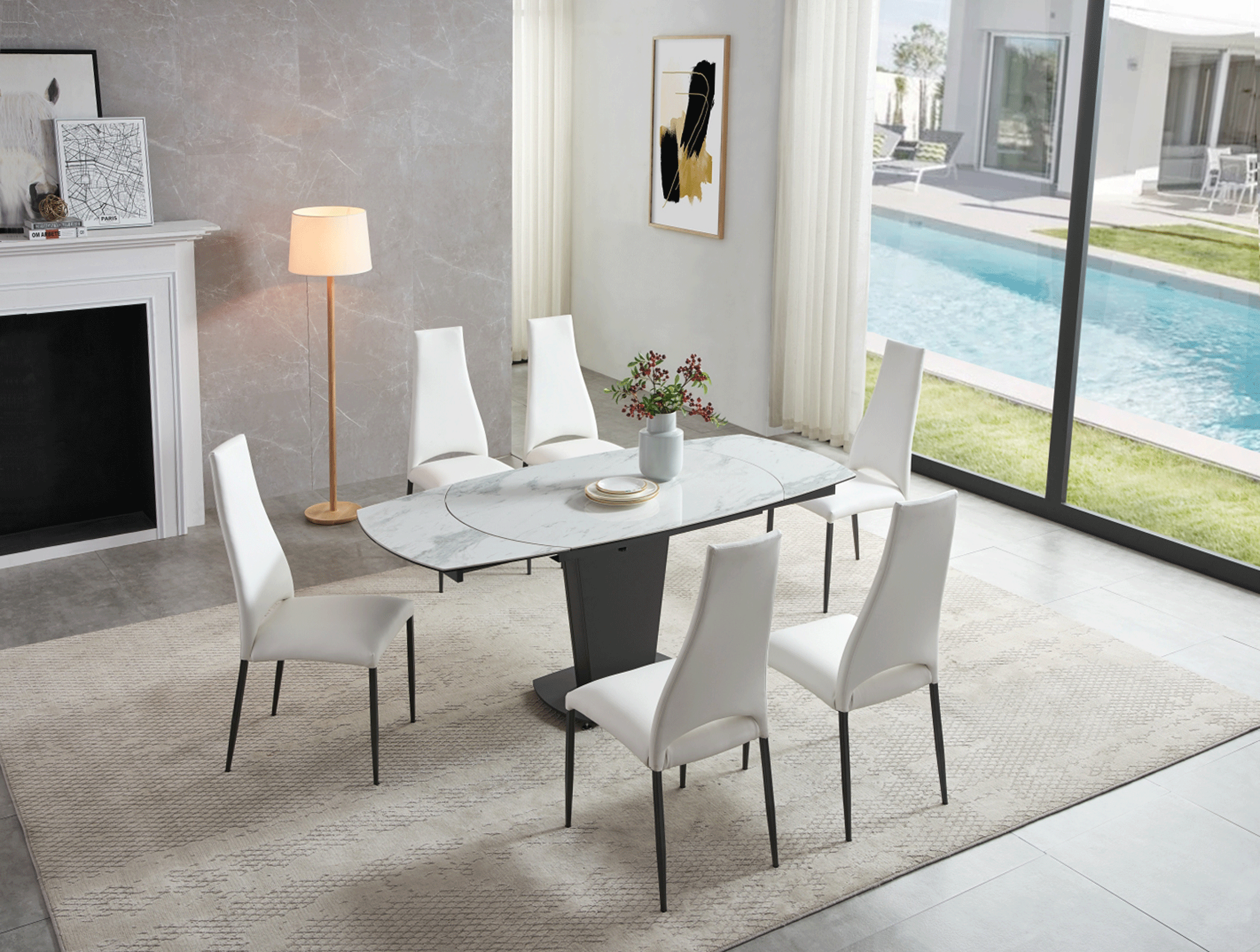Mat, Shiny 2417 Marble Table White with 3405 White Chairs p11553 By ESF Furniture 22