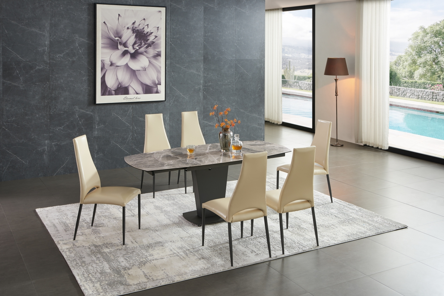 Mat, Shiny 2417 Marble Table Gray Taupe with 3405 Chairs Beige By ESF Furniture