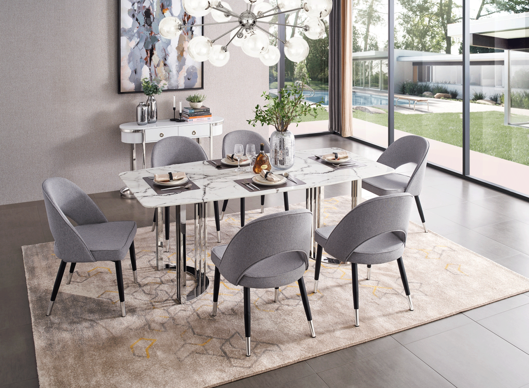 Shiny 131 Silver Marble Dining Set p10171 By ESF Furniture