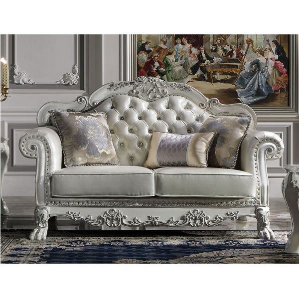 Synthetic Leather & Bone White Finish Dresden Loveseat W/3 Pillows LV01689 By ACME