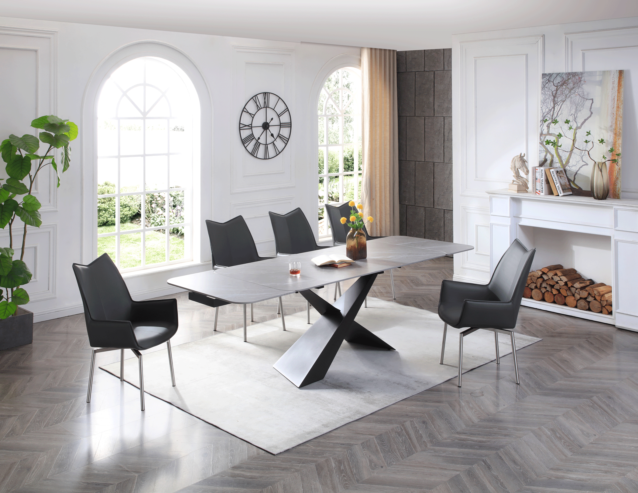 Gray 9422 Dining Table with 1218 swivel Dark gray chairs By ESF Furniture