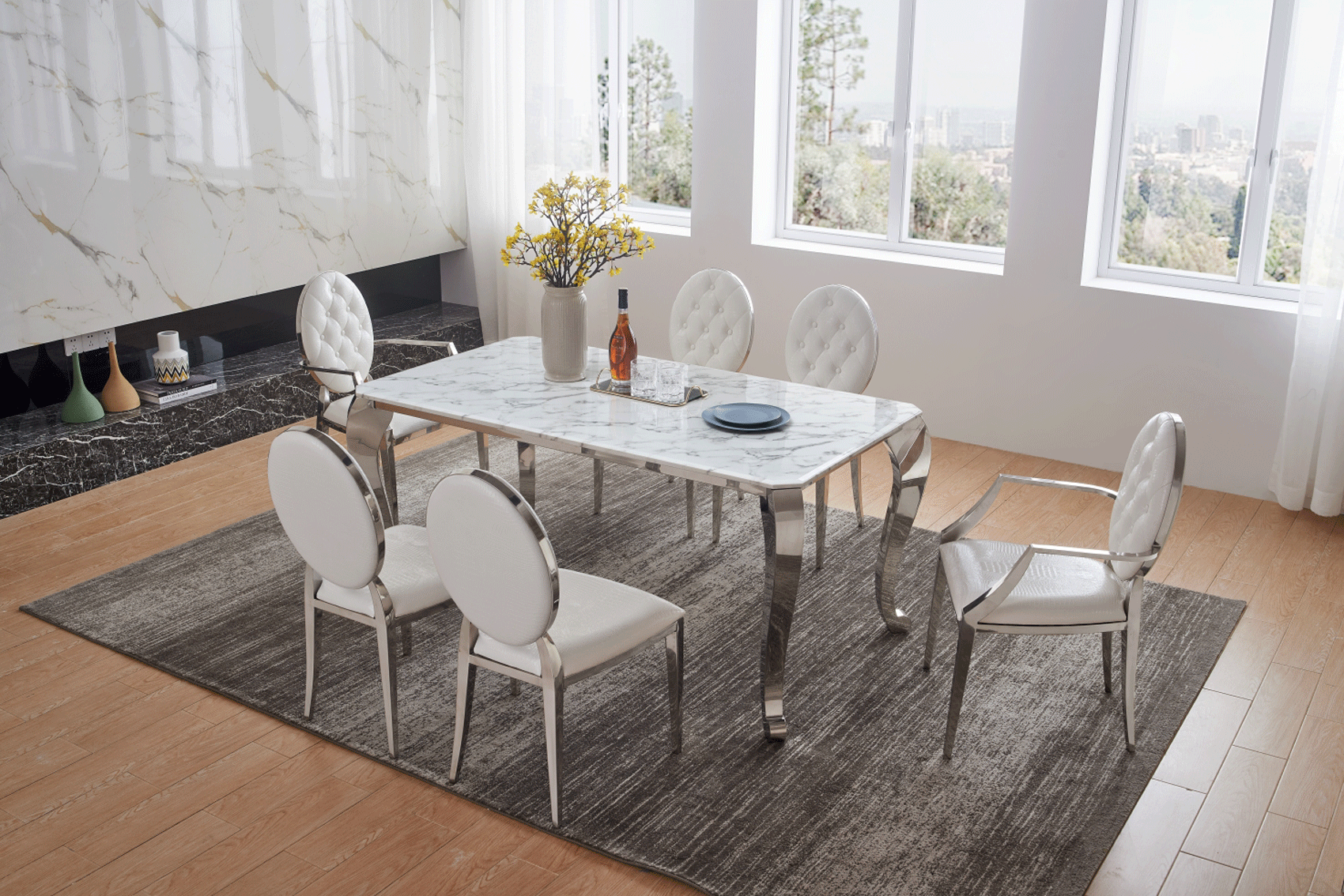 Shiny 110 Marble Dining Table with 110 White Chairs p9841 By ESF Furniture 19