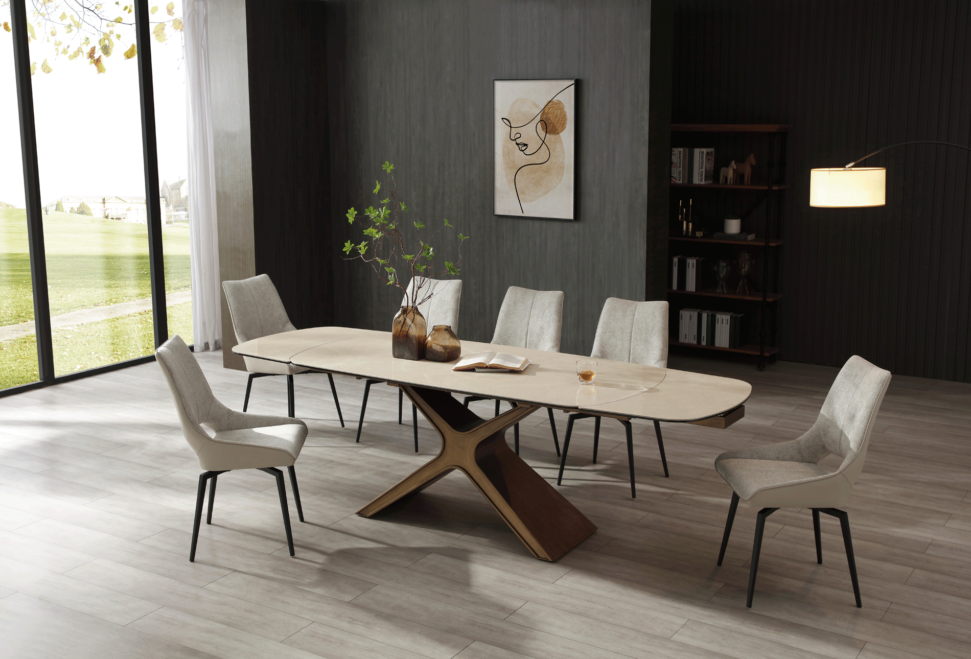 9368 Table Taupe with 1239 Swivel Beige Chairs p12874 By ESF Furniture