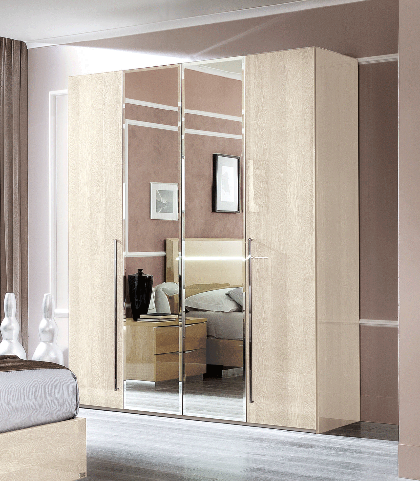 High Gloss Lacquer Maia/Platinum/Ambra 4 Door Wardrobe Betulla Sabbia i38875 By ESF Furniture 4