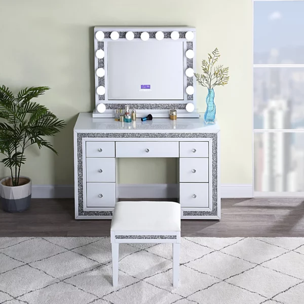 DR1002WH White Mirrored Vanity With Stool By Artisan Furniture 9