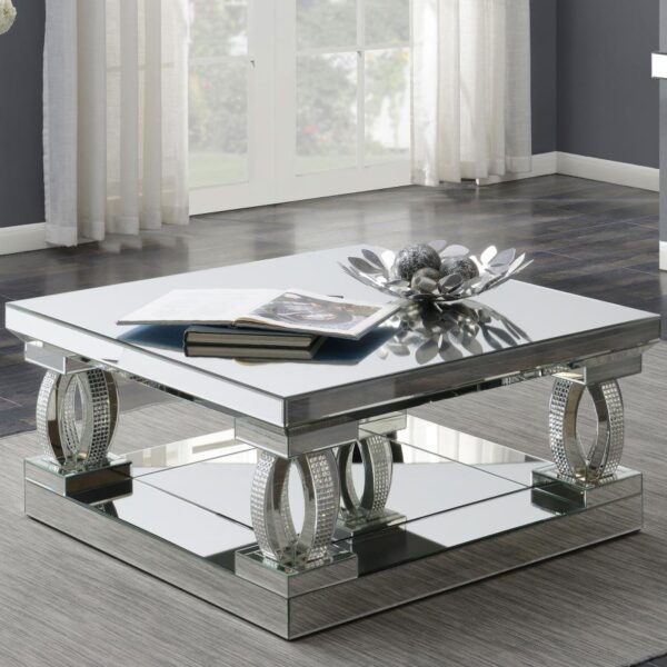 Amalia Square Coffee Table with Lower Shelf Clear Mirror 722518 By Coaster Furniture 4