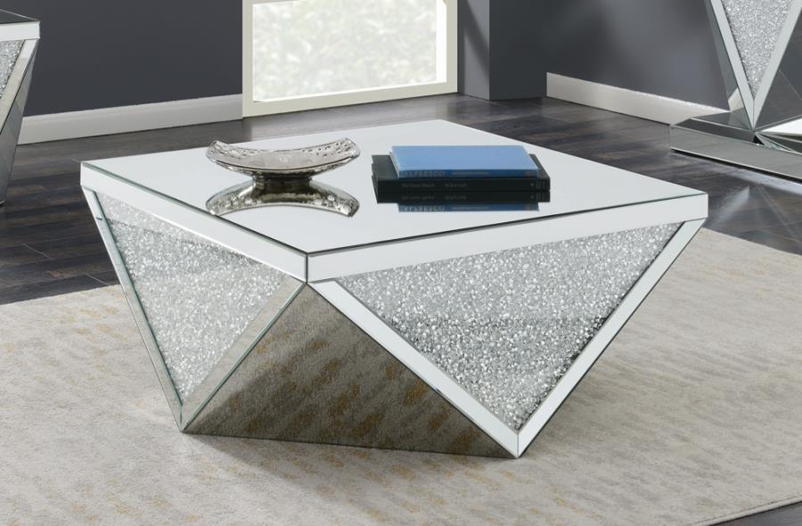 Amore Square Coffee Table with Triangle Detailing Silver and Clear Mirror 722508 By Coaster Furniture