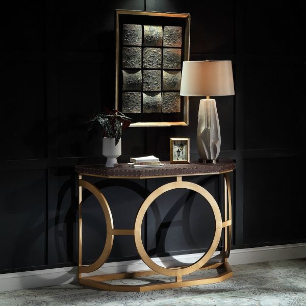 Brown Leather & Gold Finish Solara Console Table By ACME