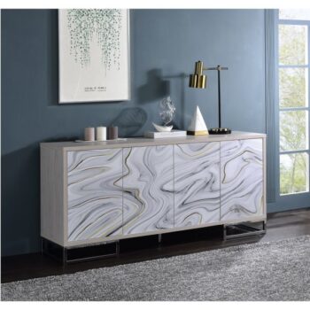 White Marble Print & Chrome Console Cabinet
