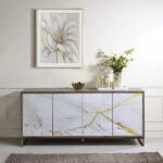 White Marble Print Oak & Champagne Finish Paavan Console Cabinet AC02343 By ACME 9