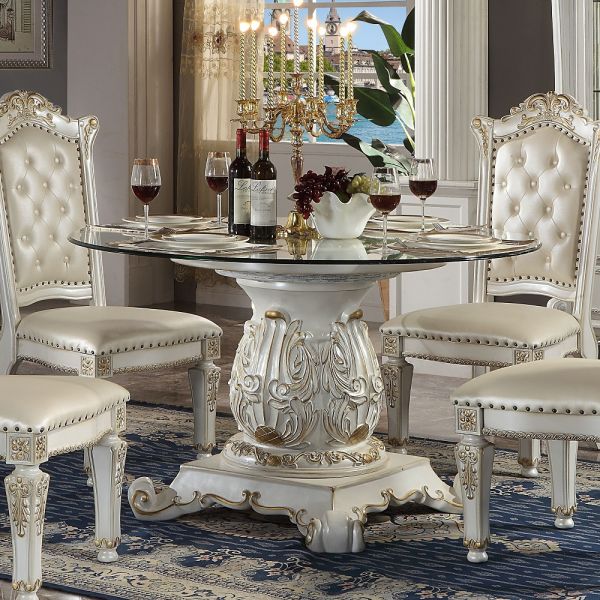 Vendome Round Dining Table With Pedestal Base in Antique Pearl Finish DN01524 By ACME