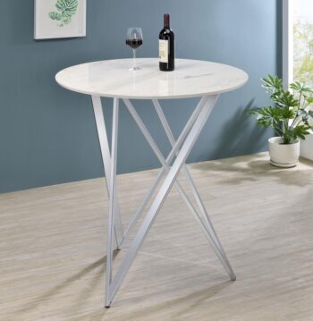 Bexter Faux Marble Round Top Bar Table White and Chrome 183526 By Coaster Furniture