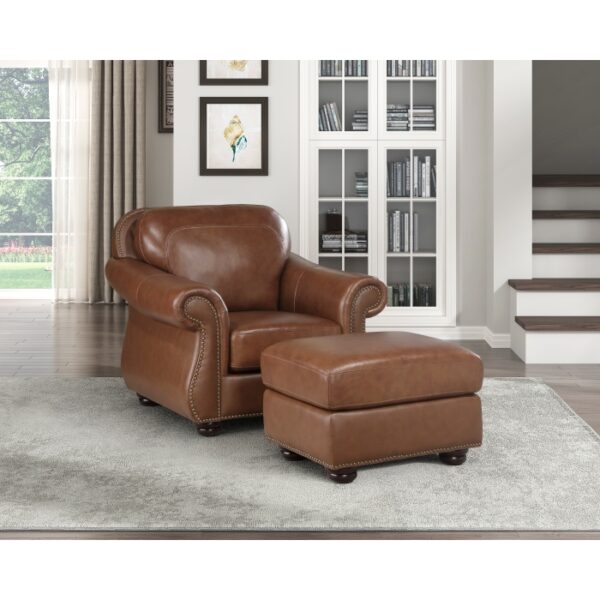 Exposed wood feet with espresso Camel brown Attleboro Collection Ottoman By Homelegance 11