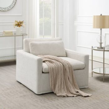 Ivory Fabric Swivel Chair With Pillow