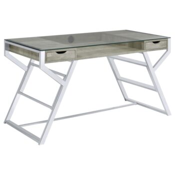 Emelle 2-drawer Glass Top Writing Desk Grey Driftwood and Chrome by Coaster Furniture