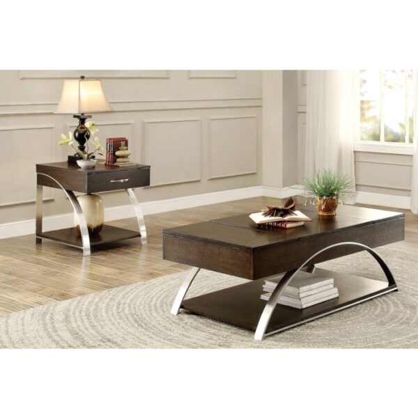 2-tone finish: espresso finish and brushed chrome metal Tioga Collection lift top cocktail table 4pc casters By Homelegance 13