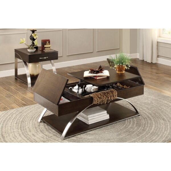 2-tone finish: espresso finish and brushed chrome metal Tioga Collection lift top cocktail table 4pc casters By Homelegance 14