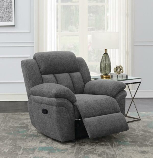 Bahrain Upholstered Glider Recliner Charcoal 609543 by Coaster Furniture 24