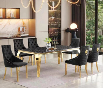 D1006 7PC Dining Set black faux marble top & gold trim base By McFerran