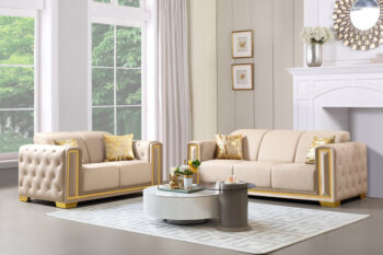 SF3001-2PC Cream Leather Fabric with Gold Trim 2PC Set S+L By McFerran