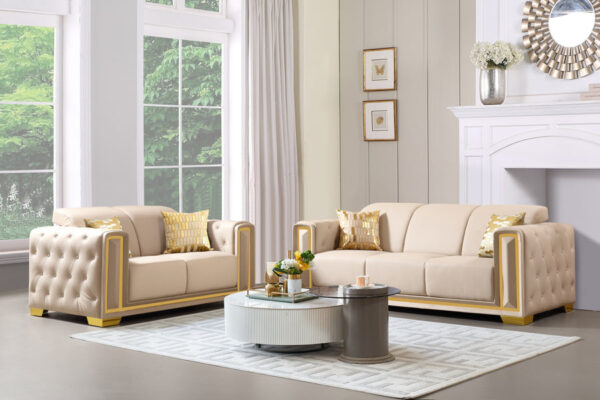SF3001-2PC Cream Leather Fabric with Gold Trim 2PC Set S+L By McFerran 4