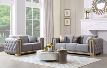 SF3002-2PC Gray Leather Fabric with Gold Trim 2PC Set S+L By McFerran