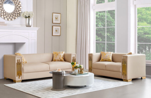 SF2001-S Cream Leather Fabric with Gold Trim Sofa by McFerran 4