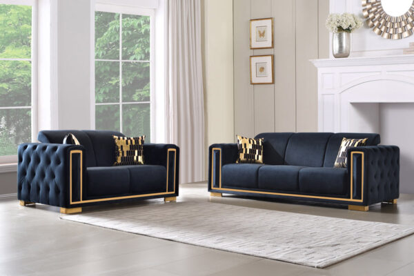 SF2003-2PC New Black Velvet Sofa With Gold trim 2PC Set S+L By McFerran 4