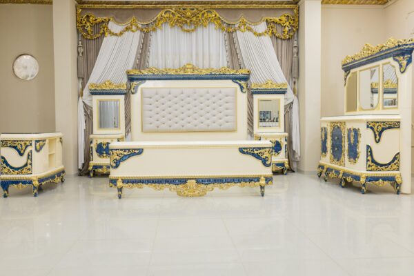 5PCS Handmade Cream Gold Blue Cleopatra Bedroom Set 4