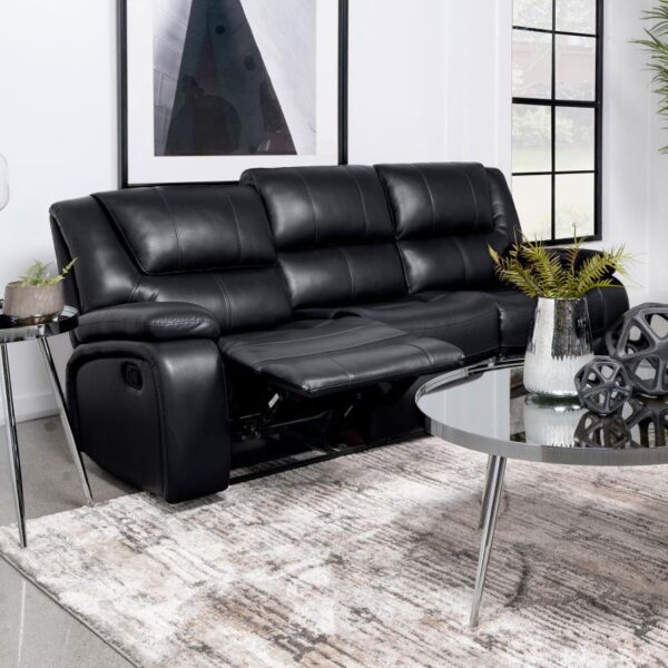 Camila Upholstered Motion Black Leatherette Reclining Sofa by Coaster Furniture