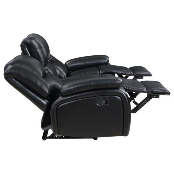 Camila Upholstered Motion Black Leatherette Reclining Sofa by Coaster Furniture 10