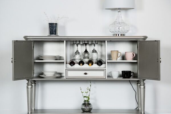 Melodi Parc Server – Glam Silver Dining Server with Wine Rack and Mirror Accents