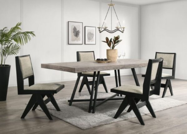 Tottenham 7 Pc Dining Table Set FM3222BK-T-7PC – Contemporary Black Dining Set with Light Gray Upholstered Chairs