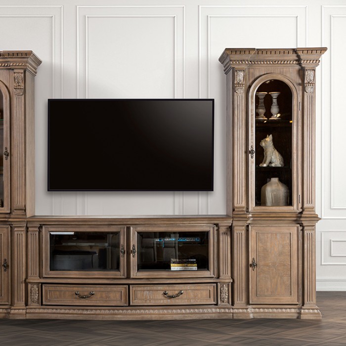 Seven Oaks Entertainment Center Fm5418Ak-Tv-Set Traditional Weathered Oak By Furniture Of America | Mobilia Cleopatra 3 Seven Oaks Entertainment Center FM5418AK-TV-SET – Weathered Oak Traditional Media Wall Unit