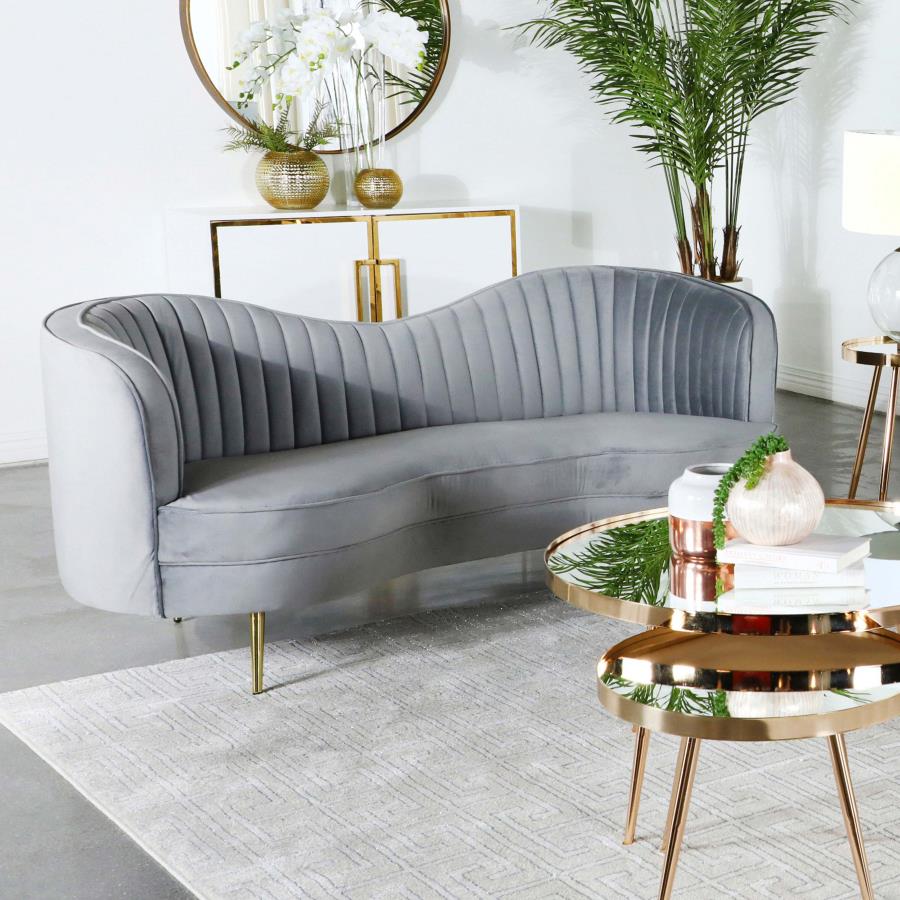 Sophia Upholstered Loveseat With Camel Back Gray And Gold 506865 By Coaster Furniture | Mobilia Cleopatra 3 Sophia Upholstered Loveseat with Camel Back Gray and Gold 506865 by Coaster Furniture - Image 1