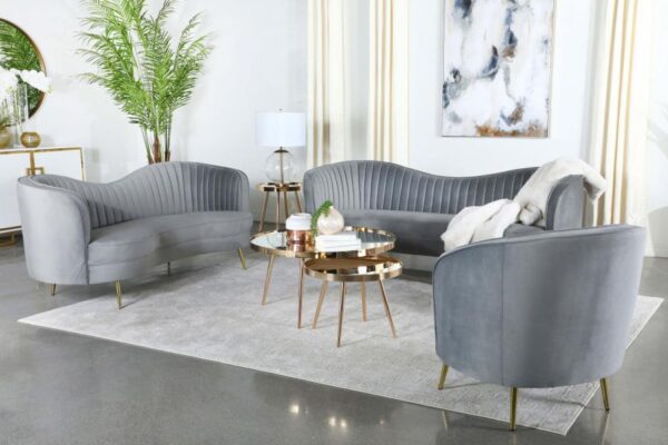 Sophia Upholstered Loveseat with Camel Back Gray and Gold 506865 by Coaster Furniture - Image 9