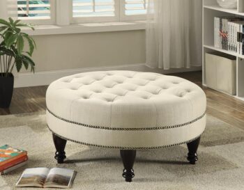 Round upholstered tufted ottoman oatmeal 500018 by coaster furniture 3