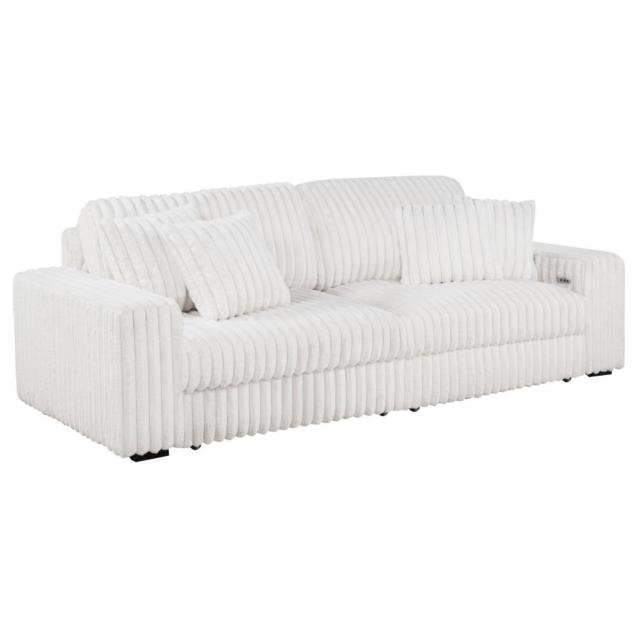 Jacana Corduroy Upholstered Dual Power Chaise Sofa Ivory By Coaster Furniture | Mobilia Cleopatra 3 Jacana Corduroy Upholstered Dual Power Chaise Sofa Ivory by Coaster Furniture - Image 1