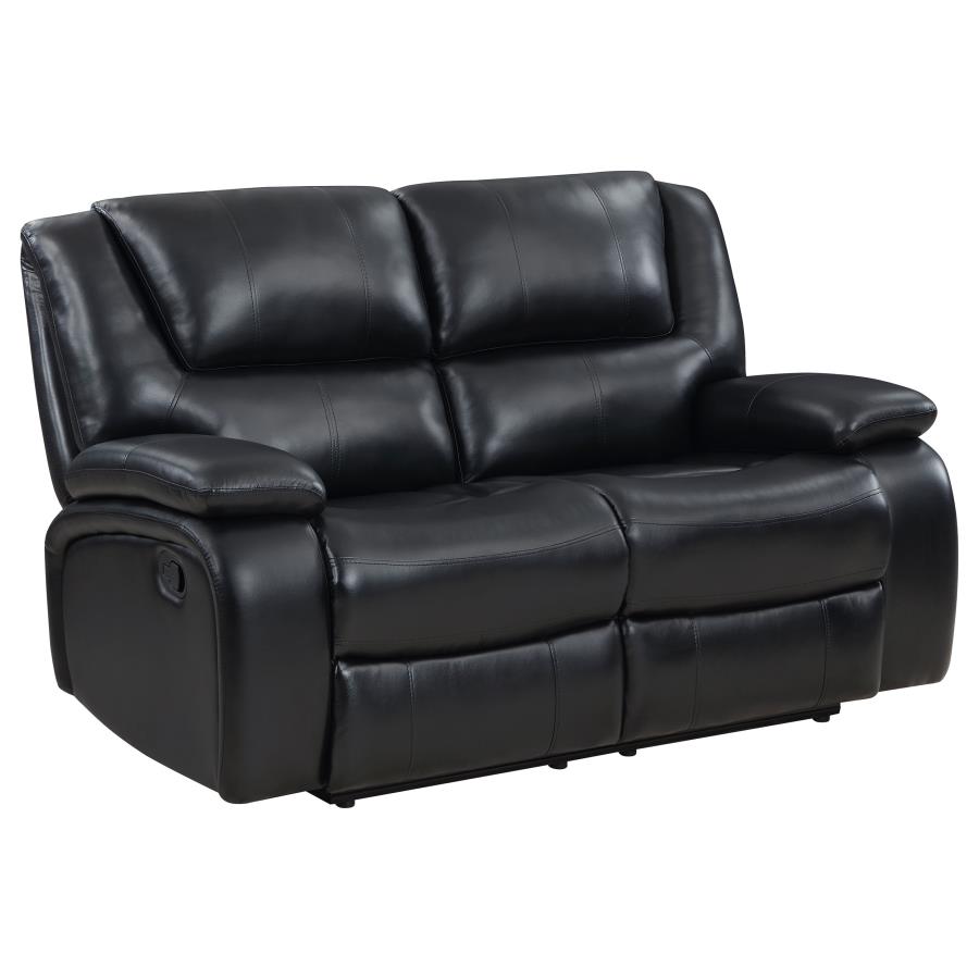 Camila Upholstered Motion Reclining Loveseat Black By Coaster Furniture | Mobilia Cleopatra 3 Camila Upholstered Motion Reclining Loveseat Black by Coaster Furniture - Image 1