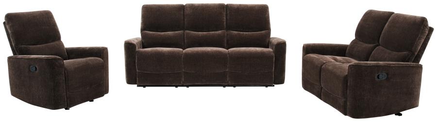 Navarro Chenille Upholstered Reclining Loveseat Dark Brown By Coaster Furniture | Mobilia Cleopatra 3 Navarro Chenille Upholstered Reclining Loveseat Dark Brown by Coaster Furniture - Image 1