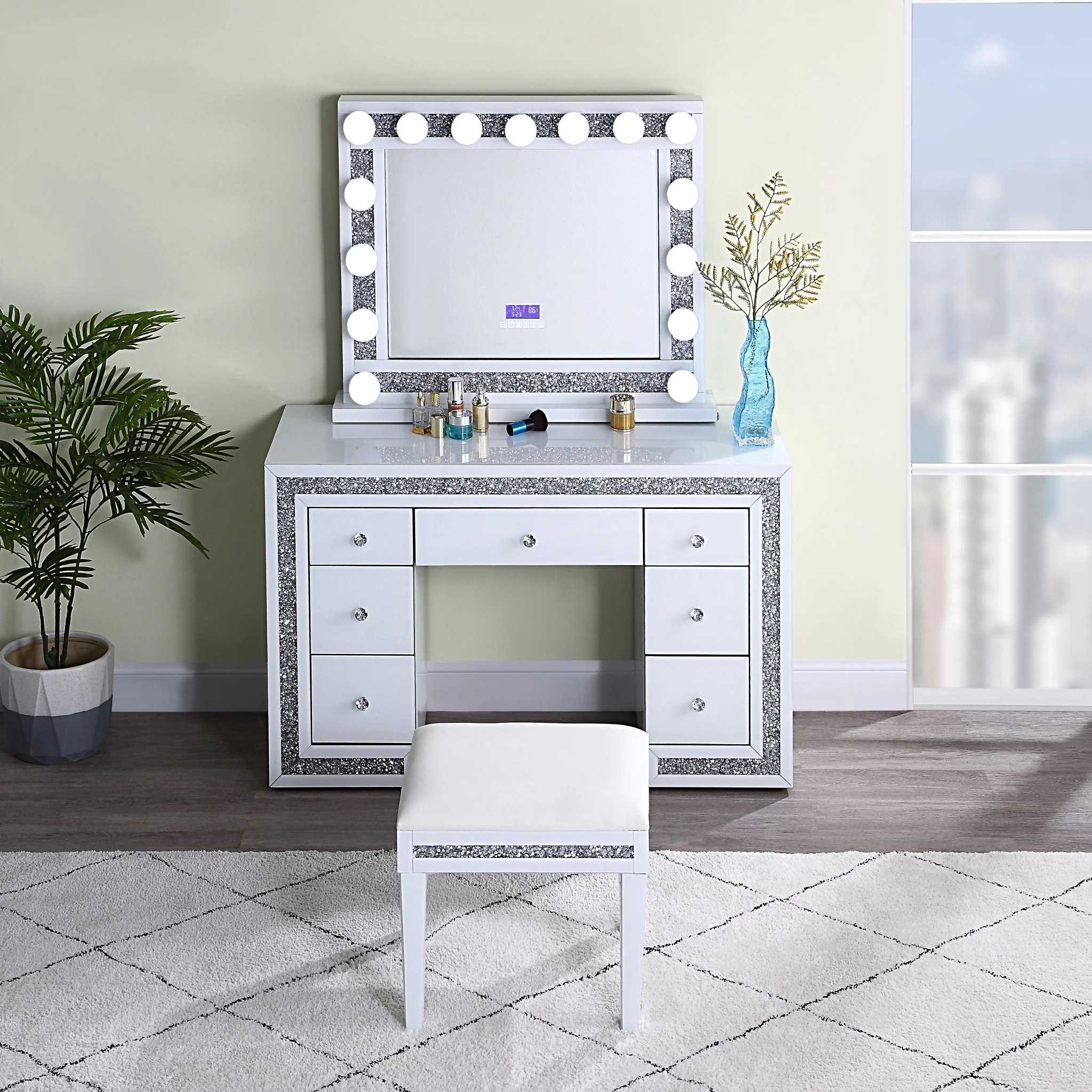 Dr1002Wh White Mirrored Vanity With Stool By Artisan Furniture Bedroom Vanities Mobilia Cleopatra 3 DR1002WH White Mirrored Vanity With Stool By Artisan Furniture 3