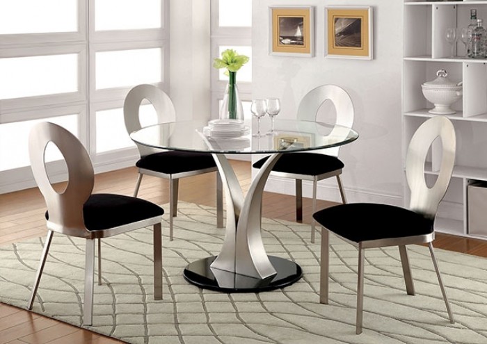 Valo Dining Table Contemporary Silver, Black By Furniture Of America | Mobilia Cleopatra 3 Bold Modern Style: Valo Dining Table Silver & Black – Round Glass Table