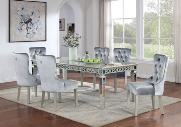 Adalia 7 Pc Dining Table Set – Silver & Dark Gray Glam Dining Set