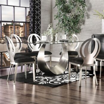 Orla 7 Pc Dining Table Set – Silver & Black Contemporary Glass Dining Set