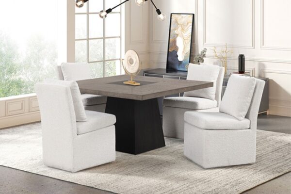 Broager 5 Pc Dining Table Set with White Swivel Chairs – Contemporary Rustic Dining