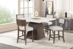 Grasten 7 Pc Dining Table Set – Marble Top with Swivel Boucle Chairs, Dark Walnut