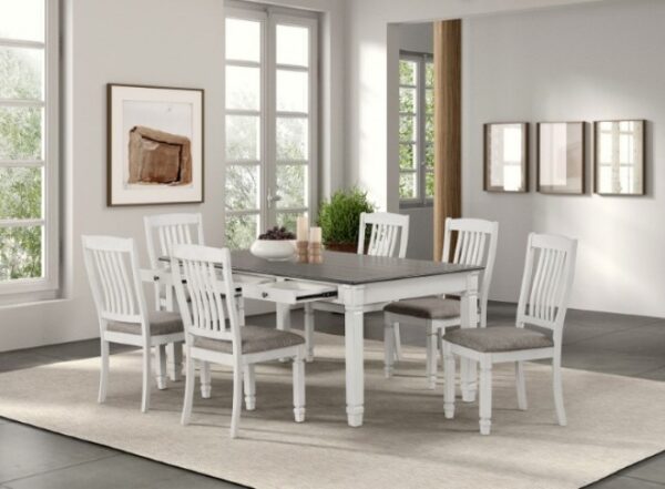 Pendola 7 Pc Dining Table Set – Rustic Farmhouse White with Storage Drawers