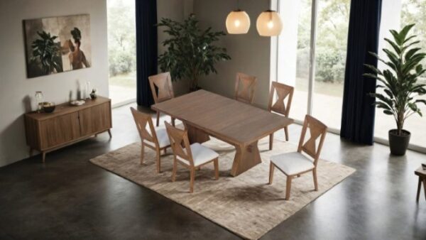 Johannes 7 Pc Dining Table Set – Rustic Farmhouse Oak with Hourglass Base