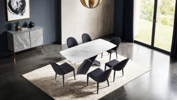 Lenvik 7 Pc Dining Table Set – Contemporary Black & White Ceramic Top