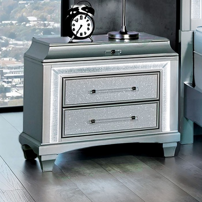 Galea Nightstand Glam Gray By Furniture Of America | Mobilia Cleopatra 3 Glam Elegance: Galea Nightstand Gray with LED Crystal Trim